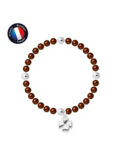 PERLINEA - Bracelet My Chance - Véritable Perle de Culture d'Eau Douce Ronde 5-6 mm Chocolat - Câble Elastiqué - Bijoux Femme