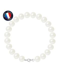 PERLINEA - Bracelet - Véritable Perle de Culture d'Eau Douce Semi-Ronde 9-10 mm Blanc Naturel - Mousqueton - Bijoux Femme