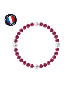 PERLINEA - Bracelet - Véritables Perles de Culture d'Eau Douce Rondes 5-6 mm Rouge Cerise - Câble Elastiqué - Bijoux Femme