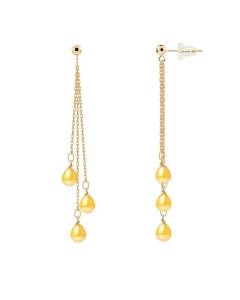 PERLINEA - Boucles d'Oreilles - Véritables Perles de Culture d'Eau Douce Poires 5-6 mm Gold - Or Jaune - Bijoux Femme