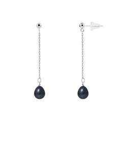 PERLINEA - Boucles d'Oreilles - Véritables Perles de Culture d'Eau Douce Noires Poires 7-8 mm - Or Blanc - Bijoux Femme