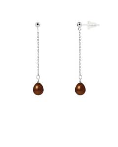 PERLINEA - Boucles d'Oreilles - Véritables Perles de Culture d'Eau Douce Poires 7-8 mm Chocolat - Or Blanc - Bijoux Femme