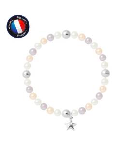 PERLINEA - Bracelet My Star - Véritable Perle de Culture d'Eau Douce Ronde 5-6 mm Multicolore - Câble Elastiqué - Bijoux Femme