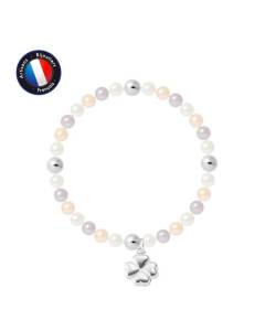 PERLINEA - Bracelet My Chance - Véritable Perle de Culture d'Eau Douce Ronde 5-6 mm Multicolore - Câble Elastiqué - Bijoux Femme