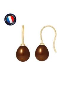 PERLINEA - Boucles d'Oreilles Crochets - Véritables Perles de Culture d'Eau Douce 7-8 mm Chocolat - Or Jaune - Bijoux Femme