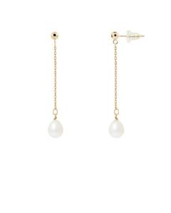 PERLINEA - Boucles d'Oreilles - Véritables Perles de Culture d'Eau Douce Poires 7-8 mm Blanc Naturel - Or Jaune - Bijoux Femme