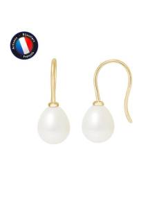 PERLINEA - Boucles d'Oreilles Crochet - Véritables Perles de Culture d'Eau Douce 7-8 mm Blanc Naturel - Or Jaune - Bijoux Femme