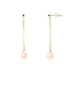 PERLINEA - Boucles d'Oreilles - Véritables Perles de Culture d'Eau Douce Poires 7-8 mm Rose Naturel - Or Jaune - Bijoux Femme