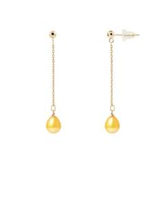 PERLINEA - Boucles d'Oreilles - Véritables Perles de Culture d'Eau Douce Poires 7-8 mm Gold - Or Jaune - Bijoux Femme