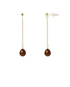 PERLINEA - Boucles d'Oreilles - Véritables Perles de Culture d'Eau Douce Poires 7-8 mm Chocolat - Or Jaune - Bijoux Femme