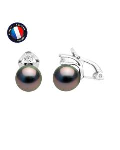 PERLINEA - Boucles d'Oreilles Clip - Véritables Perles de Culture de Tahiti Ovales 8-9 mm - Argent 925 Millièmes - Bijoux Femme