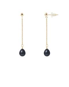 PERLINEA - Boucles d'Oreilles - Véritables Perles de Culture d'Eau Douce Noires Poires 7-8 mm - Or Jaune - Bijoux Femme