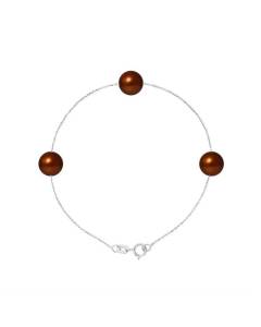 PERLINEA - Bracelet - 3 Véritables Perles de Culture d'Eau Douce 7-8 mm Chocolat - Argent 925 Millièmes - Bijoux Femme