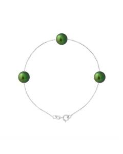 PERLINEA - Bracelet - 3 Véritables Perles de Culture d'Eau Douce 7-8 mm Vert Intense - Argent 925 Millièmes - Bijoux Femme