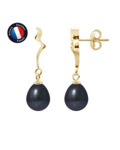 PERLINEA - Boucles d'Oreilles "Ruban" - Véritables Perles de Culture d'Eau Douce Noires 8-9 mm - Or Jaune - Bijoux Femme