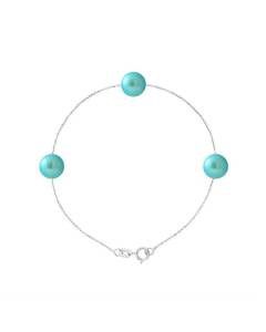 PERLINEA - Bracelet - 3 Véritables Perles de Culture d'Eau Douce 7-8 mm Bleu Turquoise - Argent 925 Millièmes - Bijoux Femme