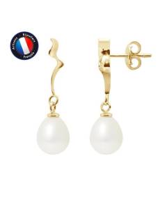 PERLINEA - Boucles d'Oreilles "Ruban" - Véritables Perles de Culture d'Eau Douce 8-9 mm Blanc Naturel - Or Jaune - Bijoux Femme