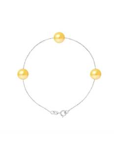 PERLINEA - Bracelet - 3 Véritables Perles de Culture d'Eau Douce 7-8 mm Gold - Bijoux Femme- Argent 925 Millièmes