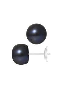 PERLINEA - Boucles d'Oreilles - Véritables Perles de Culture d'Eau Douce Noires Boutons 9-10 mm - Or Blanc - Bijoux Femme