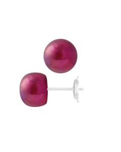 PERLINEA - Boucles d'Oreilles - Véritables Perles de Culture d'Eau Douce Boutons 9-10 mm Rouge Cerise - Or Blanc - Bijoux Femme