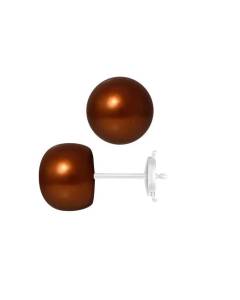 PERLINEA - Boucles d'Oreilles - Véritables Perles de Culture d'Eau Douce Boutons 9-10 mm Chocolat - Or Blanc - Bijoux Femme