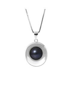 PERLINEA - Collier Moon - Perle de Culture d'Eau Douce AAA+ - Bouton 9-10 mm - Noire - Argent 925 Millièmes - Bijoux Femme