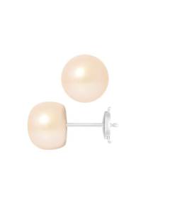 PERLINEA - Boucles d'Oreilles - Véritables Perles de Culture d'Eau Douce Boutons 9-10 mm Rose Naturel - Or Blanc - Bijoux Femme