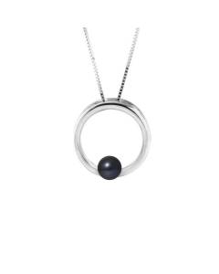 PERLINEA - Collier Circle - Perle de Culture d'Eau Douce AAA+ - Ronde 6-7 mm - Noire - Argent 925 Millièmes - Bijoux Femme