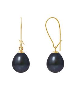 PERLINEA - Boucles d'Oreilles - Véritables Perles de Culture d'Eau Douce Poires 9-10 mm Black Tahiti - Or Jaune - Bijoux Femme