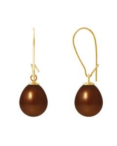 PERLINEA - Boucles d'Oreilles - Véritables Perles de Culture d'Eau Douce Poires 9-10 mm Chocolat - Or Jaune - Bijoux Femme