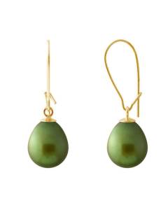 PERLINEA - Boucles d'Oreilles - Véritables Perles de Culture d'Eau Douce Poires 9-10 mm Vert Intense - Or Jaune - Bijoux Femme