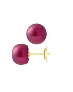 PERLINEA - Boucles d'Oreilles - Véritables Perles de Culture d'Eau Douce Boutons 9-10 mm Rouge Cerise - Or Jaune - Bijoux Femme