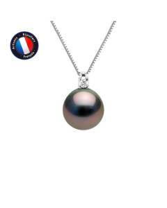 PERLINEA - Collier Perle de Culture de Tahiti A+ - Semi-Ronde 8-9 mm - Diamant 0,020 Cts - Or Blanc - Bijoux Femme