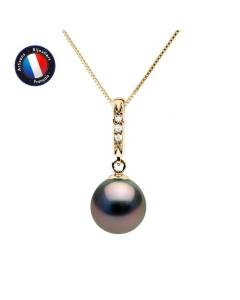 PERLINEA - Collier Perle de Culture de Tahiti A+ - Semi-Ronde 8-9 mm - Diamant Triangle 0,030 Cts - Or Jaune - Bijoux Femme