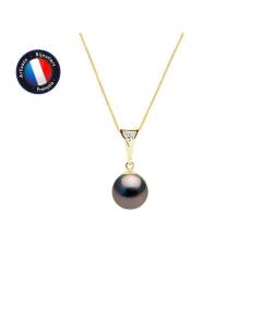 PERLINEA - Collier Perle de Culture de Tahiti A+ - Semi-Ronde 8-9 mm - Diamant 0,030 Cts - Or Jaune - Bijoux Femme