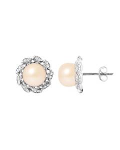 PERLINEA - Boucles d'Oreilles - Corolle Perles de Culture d'Eau Douce Rose Naturel - Argent 925 Millièmes - Bijoux Femme
