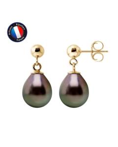 PERLINEA - Boucles d'Oreilles Comète - Véritables Perles de Culture de Tahiti - 8-9 mm - Or Jaune - Bijoux Femme
