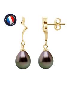 PERLINEA - Boucles d'Oreilles "Ruban" - Véritables Perles de Culture de Tahiti - 9-10 mm - Or Jaune - Bijoux Femme