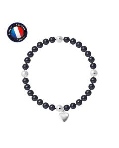 PERLINEA - Bracelet My Heart - Véritable Perle de Culture d'Eau Douce Ronde 5-6 mm Black Tahiti - Câble Elastiqué - Bijoux Femme