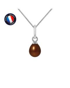PERLINEA - Pendentif - Véritable Perle de Culture d'Eau Douce Poire 5-6 mm Chocolat - Or Blanc - Chaîne Offerte - Bijoux Femme