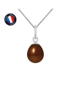 PERLINEA - Pendentif - Véritable Perle de Culture d'Eau Douce Poire 7-8 mm Chocolat - Or Blanc - Chaîne Offerte - Bijoux Femme