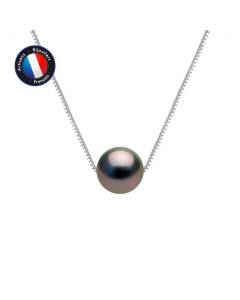 PERLINEA - Collier Perle de Tahiti A+ - Ronde 9-10 mm Traversé d'une Maille Vénitienne en Argent 925 Millièmes - Bijoux Femme