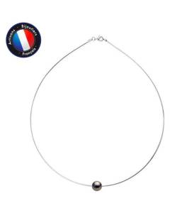 PERLINEA - Collier Perle de Tahiti A+ - Ronde 9-10 mm Traversé d'un câble Omega en Argent 925 Millièmes - Bijoux Femme