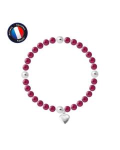 PERLINEA - Bracelet My Heart - Véritable Perle de Culture d'Eau Douce Ronde 5-6 mm Rouge Cerise - Câble Elastiqué - Bijoux Femme