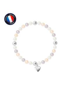 PERLINEA - Bracelet My Heart - Véritable Perle de Culture d'Eau Douce Ronde 5-6 mm Multicolore - Câble Elastiqué - Bijoux Femme