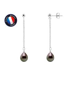 PERLINEA - Boucles d'Oreilles Pendante 3 cm - Véritables Perles de Culture de Tahiti Ovales 8-9 mm - Argent 925 Millièmes - Bijoux F