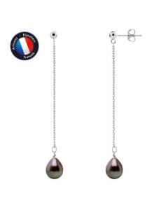 PERLINEA - Boucles d'Oreilles Pendante 5 cm - Véritables Perles de Culture de Tahiti Ovales 8-9 mm - Argent 925 Millièmes - Bijoux F