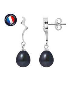 PERLINEA - Boucles d'Oreilles "Ruban" - Perles de Culture d'Eau Douce Poires 8-9 mm Black Tahiti - Or Blanc - Bijoux Femme