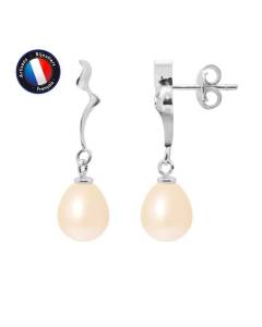 PERLINEA - Boucles d'Oreilles "Ruban" - Perles de Culture d'Eau Douce Poires 8-9 mm Rose Naturel - Or Blanc - Bijoux Femme