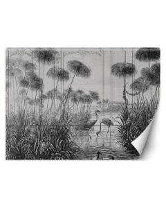 Papier Peint - Entoilage 130g/m2 - Motif  Oiseaux dans un étang - 254x184 cm - Noir et blanc - Décoration murale à coller - Feeby